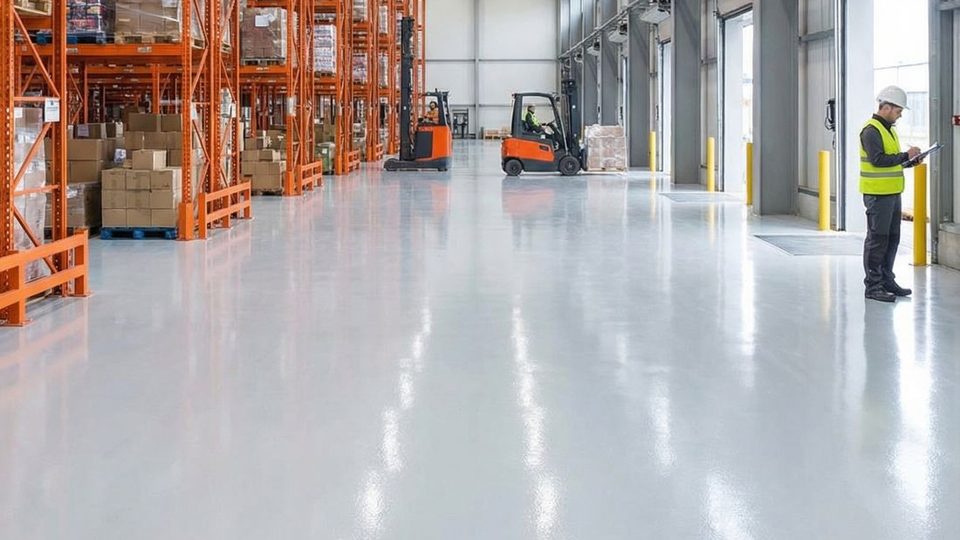 Magazijn met een lichte epoxy vloer en een heftruck
